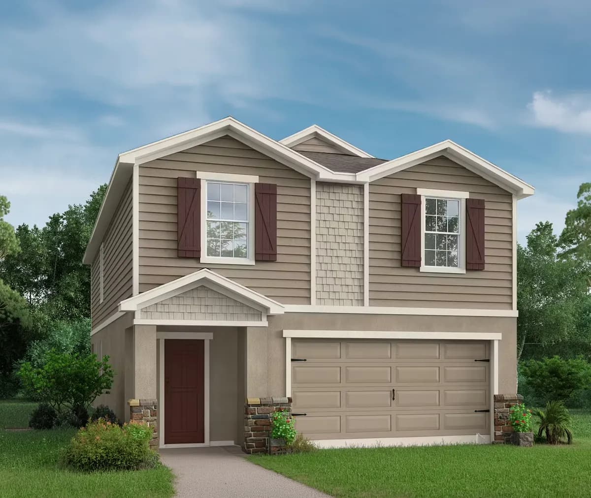 Two-story beige and black exterior new construction site-built home by Highland Homes, a Clayton company.