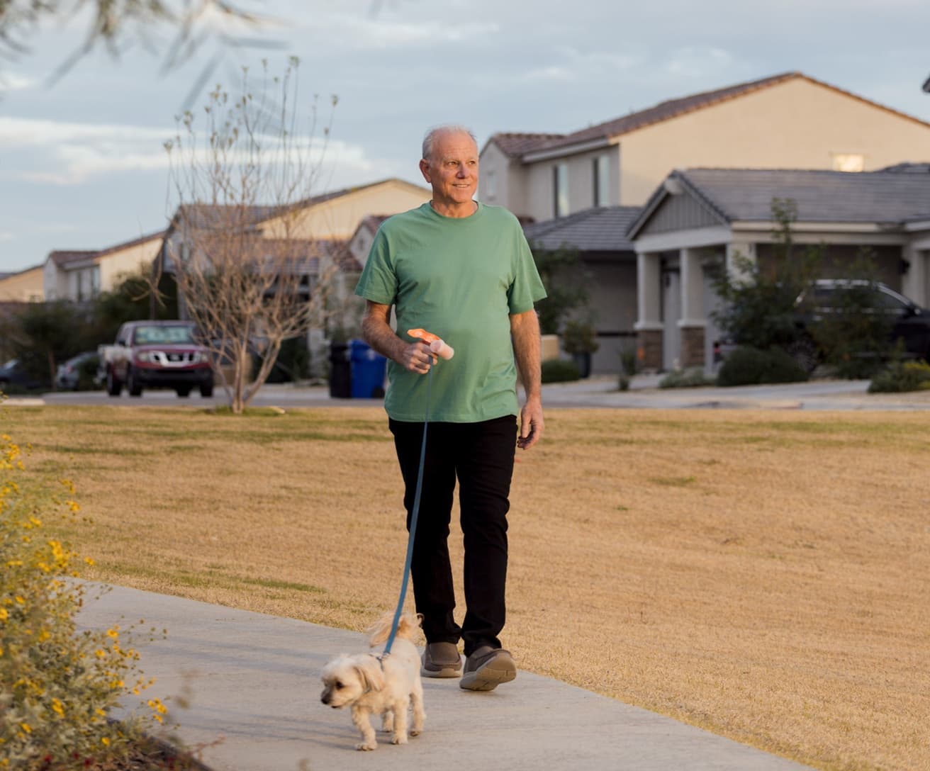 An older man walks his small dog along the sidewalk of his neighborhood at sunset.