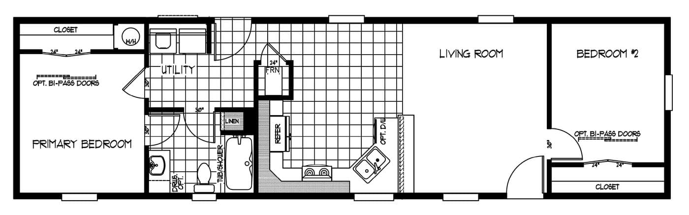 The K1656A Floor Plan. This Manufactured Mobile Home features 2 bedrooms and 1 bath.