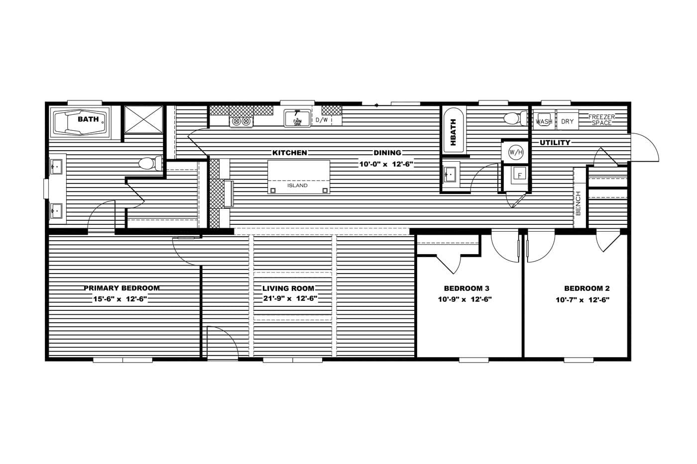 The FARMHOUSE 3 Floor Plan. This Manufactured Mobile Home features 3 bedrooms and 2 baths.