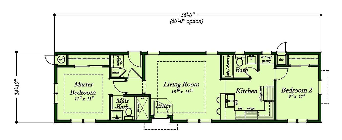 The ECO 1556-A Floor Plan. This Manufactured Mobile Home features 2 bedrooms and 2 baths.