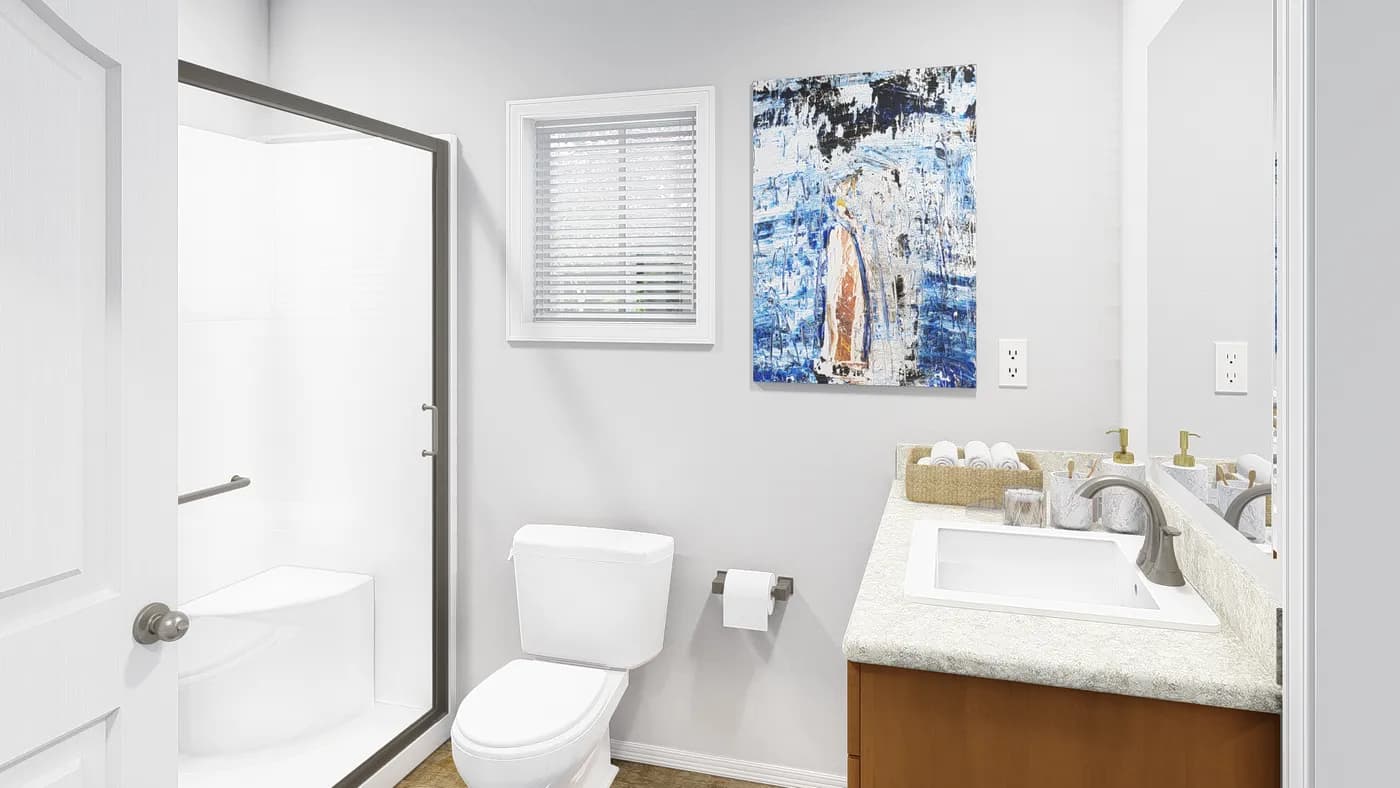 The K1656A Guest Bathroom. This Manufactured Mobile Home features 2 bedrooms and 1 bath.
