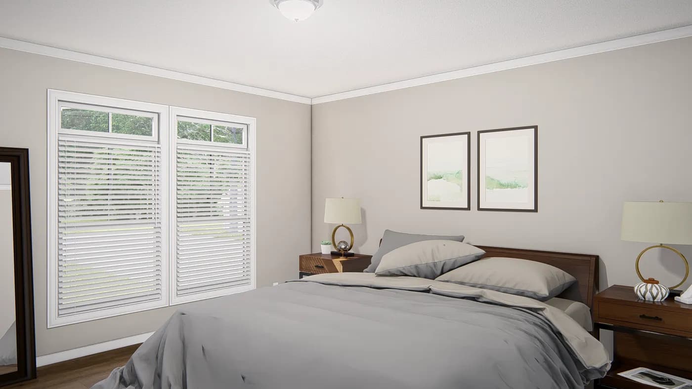 The THE VALHALLA Primary Bedroom. This Manufactured Mobile Home features 3 bedrooms and 2 baths.
