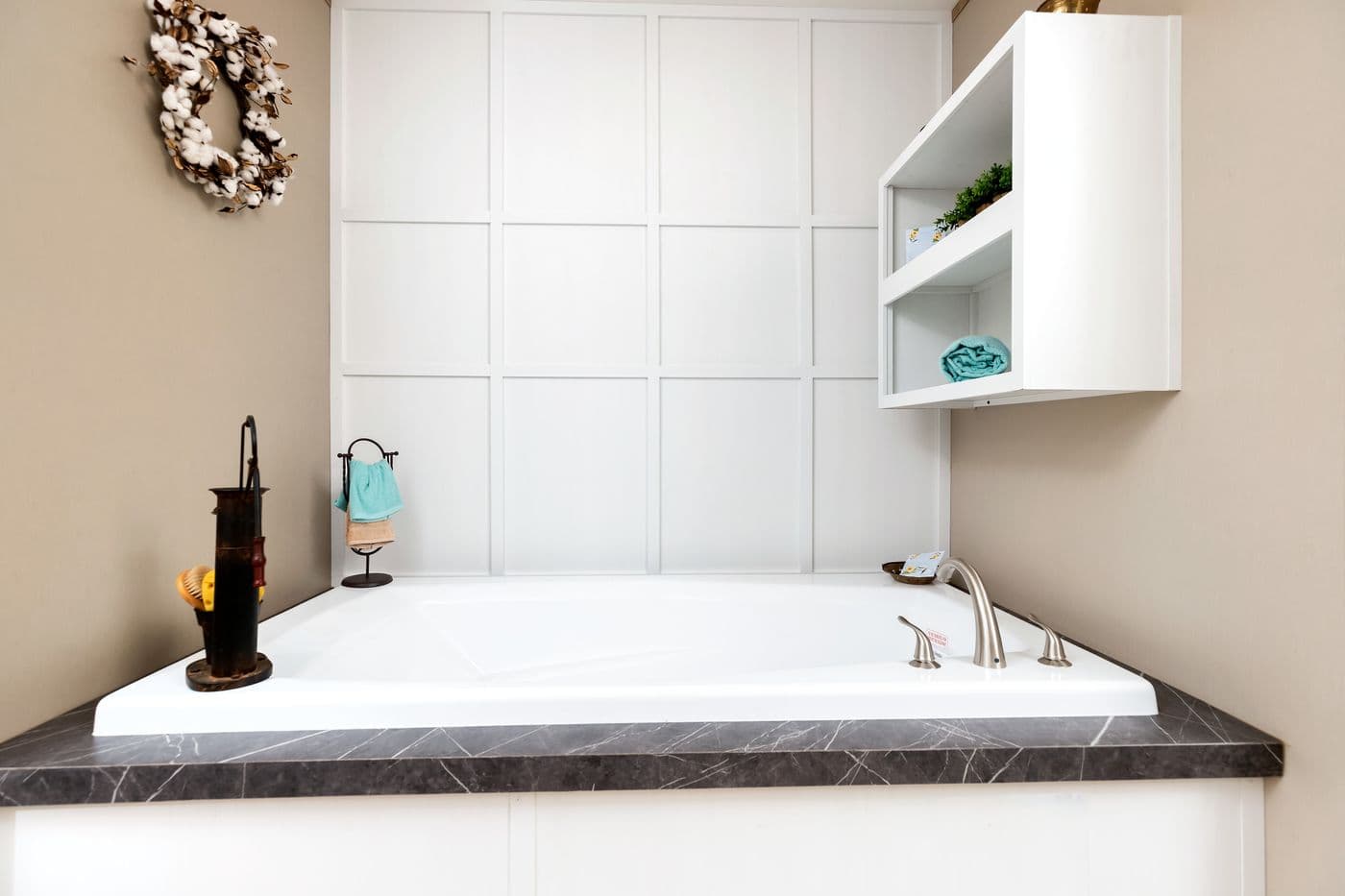 The FARMHOUSE FLEX Primary Bathroom. This Manufactured Mobile Home features 3 bedrooms and 2.5 baths.