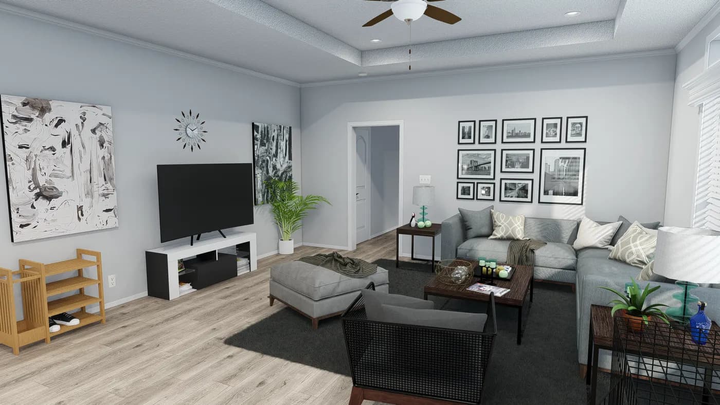The SUM3076A Living Room. This Manufactured Mobile Home features 4 bedrooms and 2.5 baths.