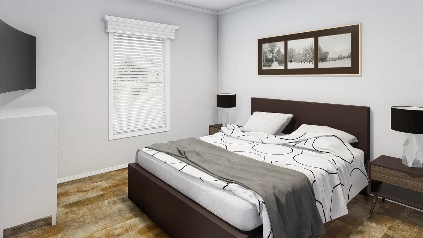 The K1656A Primary Bedroom. This Manufactured Mobile Home features 2 bedrooms and 1 bath.