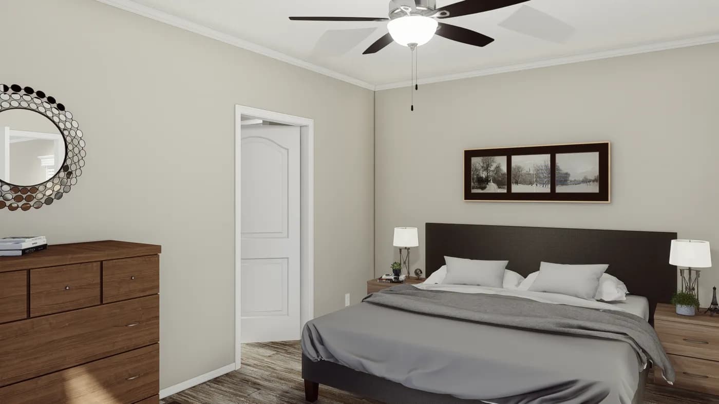 The K1668A Primary Bedroom. This Manufactured Mobile Home features 2 bedrooms and 2 baths.