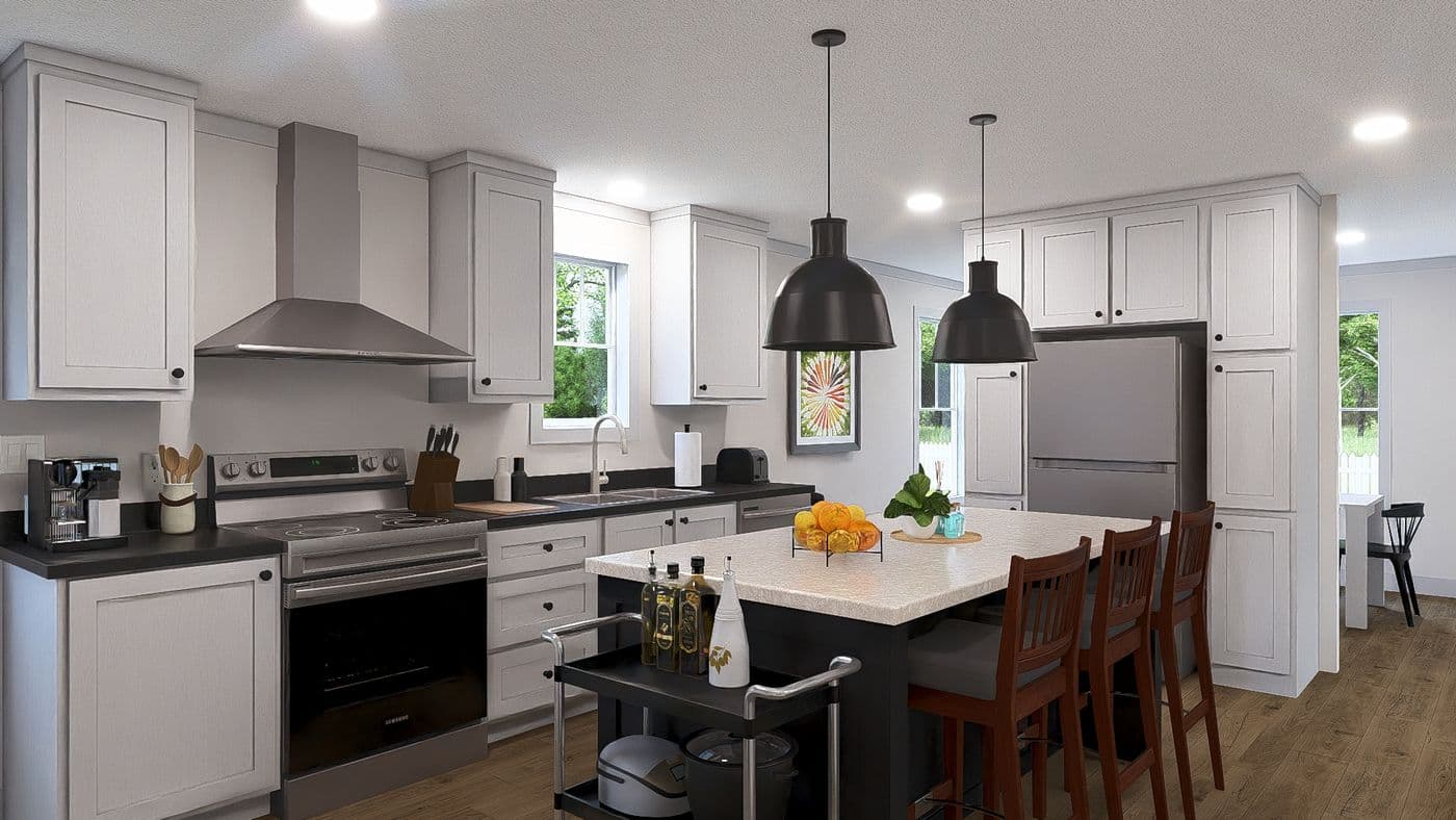 The STAYIN ALIVE Exterior. This Manufactured Mobile Home features 3 bedrooms and 2 baths.