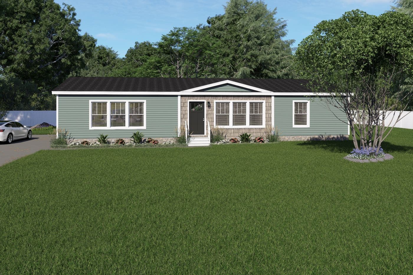 The PIONEER ST 6030-MS064 SECT Exterior. Sagebrook siding with tan shake accent
