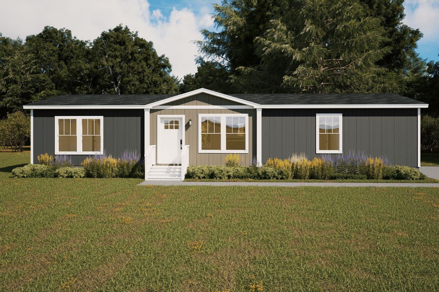 The LEAN ON ME Exterior. This Manufactured Mobile Home features 3 bedrooms and 2 baths.