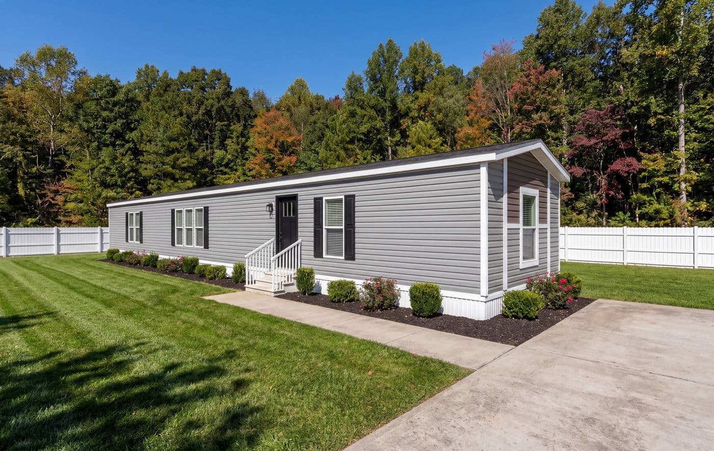 The REV 76 Exterior. This Manufactured Mobile Home features 3 bedrooms and 2 baths.