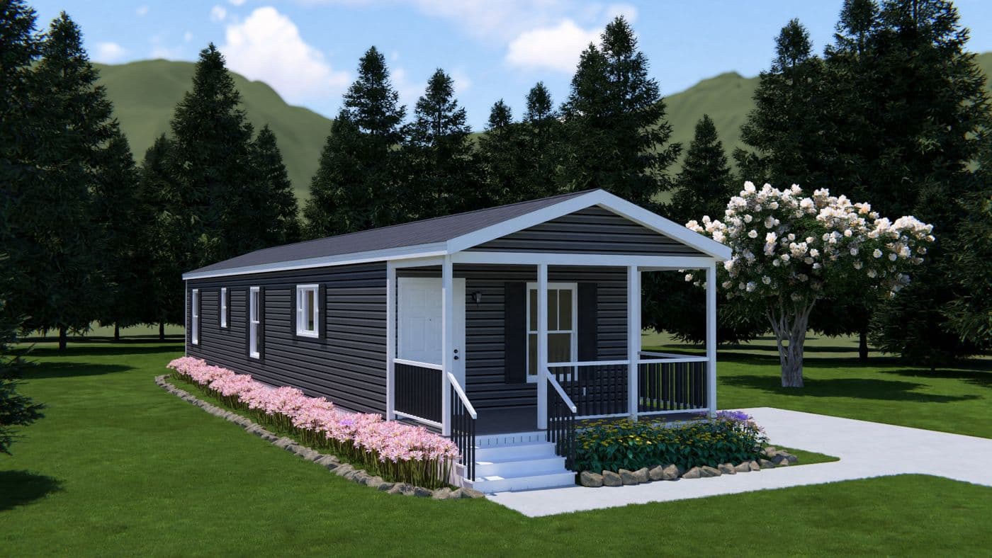 The 4200 "SOUTHPORT" 58'4X16 Exterior. This Manufactured Mobile Home features 2 bedrooms and 2 baths.