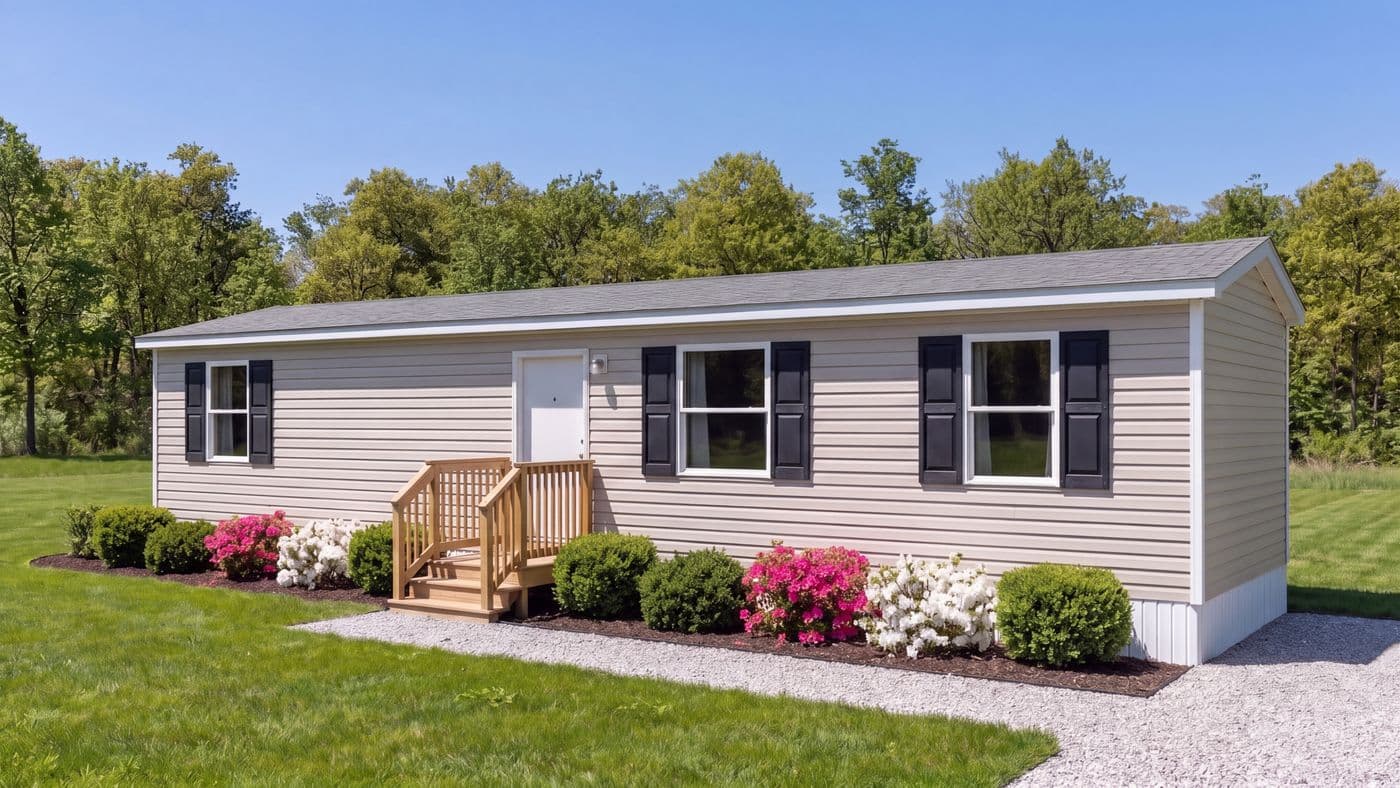 The TULIP Exterior. This Manufactured Mobile Home features 2 bedrooms and 1 bath.