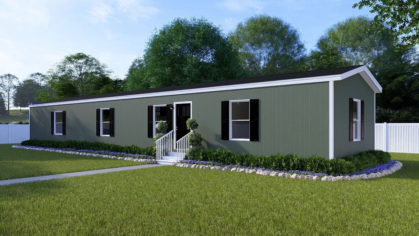 The SENSATION Exterior in Olive. This Manufactured Mobile Home features 3 bedrooms and 2 baths.