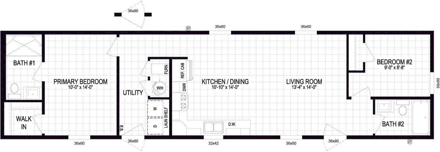 The 6016-SW021 floor plan. This Manufactured Mobile Home features 2 bedrooms and 2 baths.