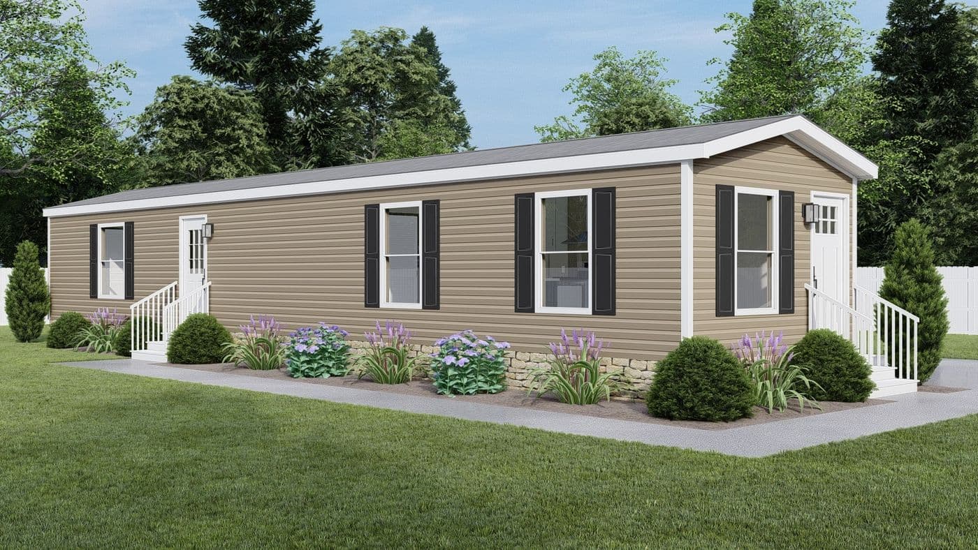 The CORTES Exterior. This Manufactured Mobile Home features 2 bedrooms and 2 baths.