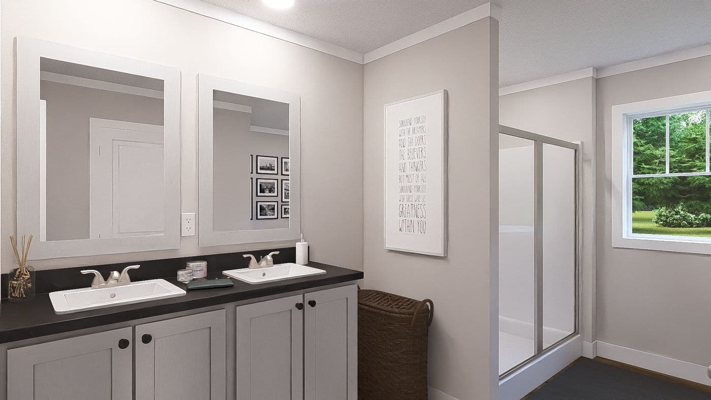 The LEAN ON ME Exterior. This Manufactured Mobile Home features 3 bedrooms and 2 baths.