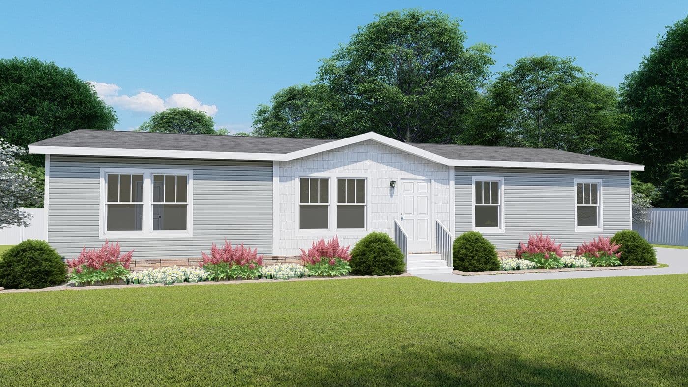 The 5410 "RIVER" 5628 Exterior. This Manufactured Mobile Home features 3 bedrooms and 2 baths.