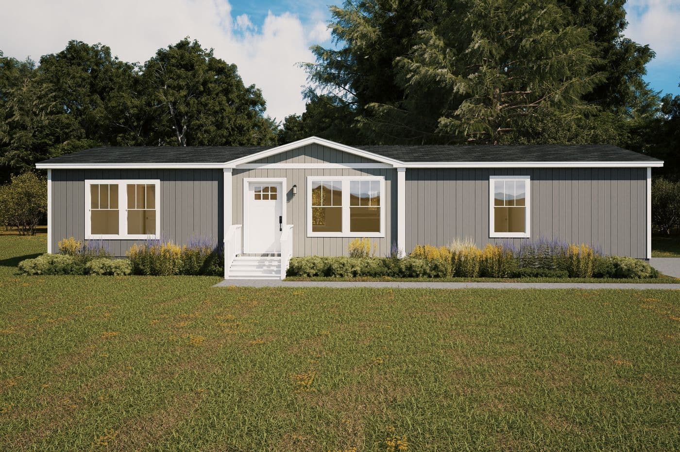 The LEAN ON ME Exterior. This Manufactured Mobile Home features 3 bedrooms and 2 baths.
