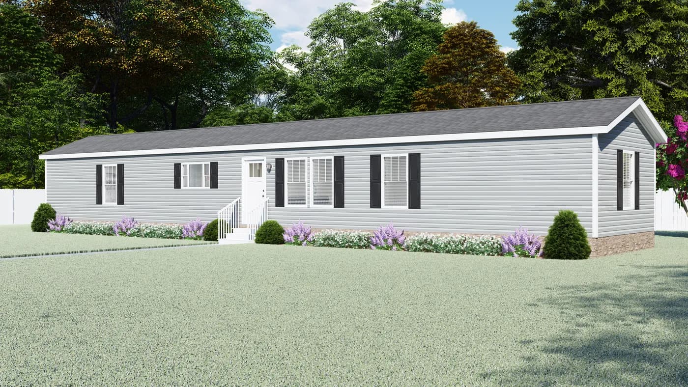 The 4207 "EMERALD" 7616 Exterior. This Manufactured Mobile Home features 3 bedrooms and 2 baths.