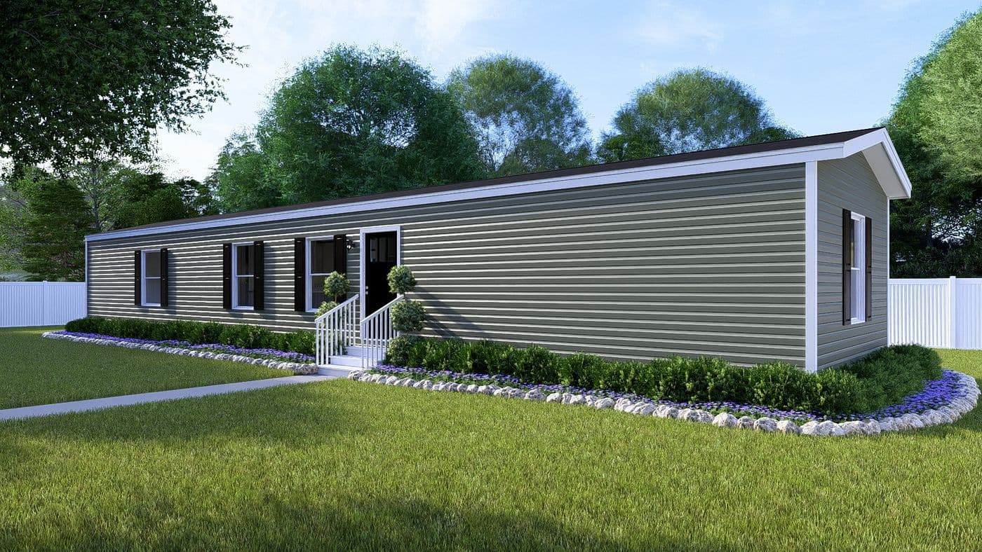 The DYNAMIC Exterior in Olive Vinyl. This Manufactured Mobile Home features 3 bedrooms and 2 baths.