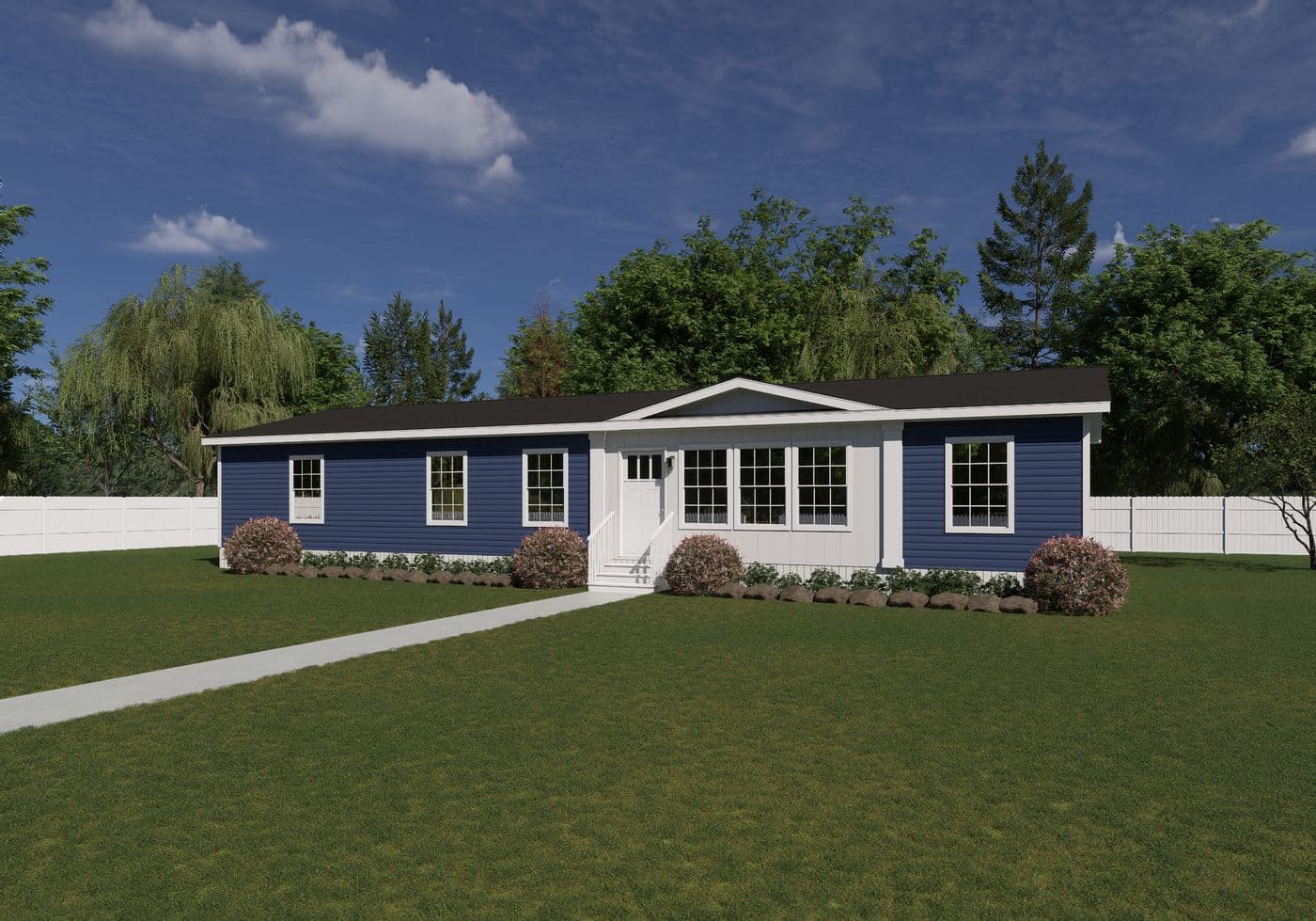 The M785 ISLAND BREEZE 4BR HUD Exterior. This Manufactured Mobile Home features 4 bedrooms and 2 baths.