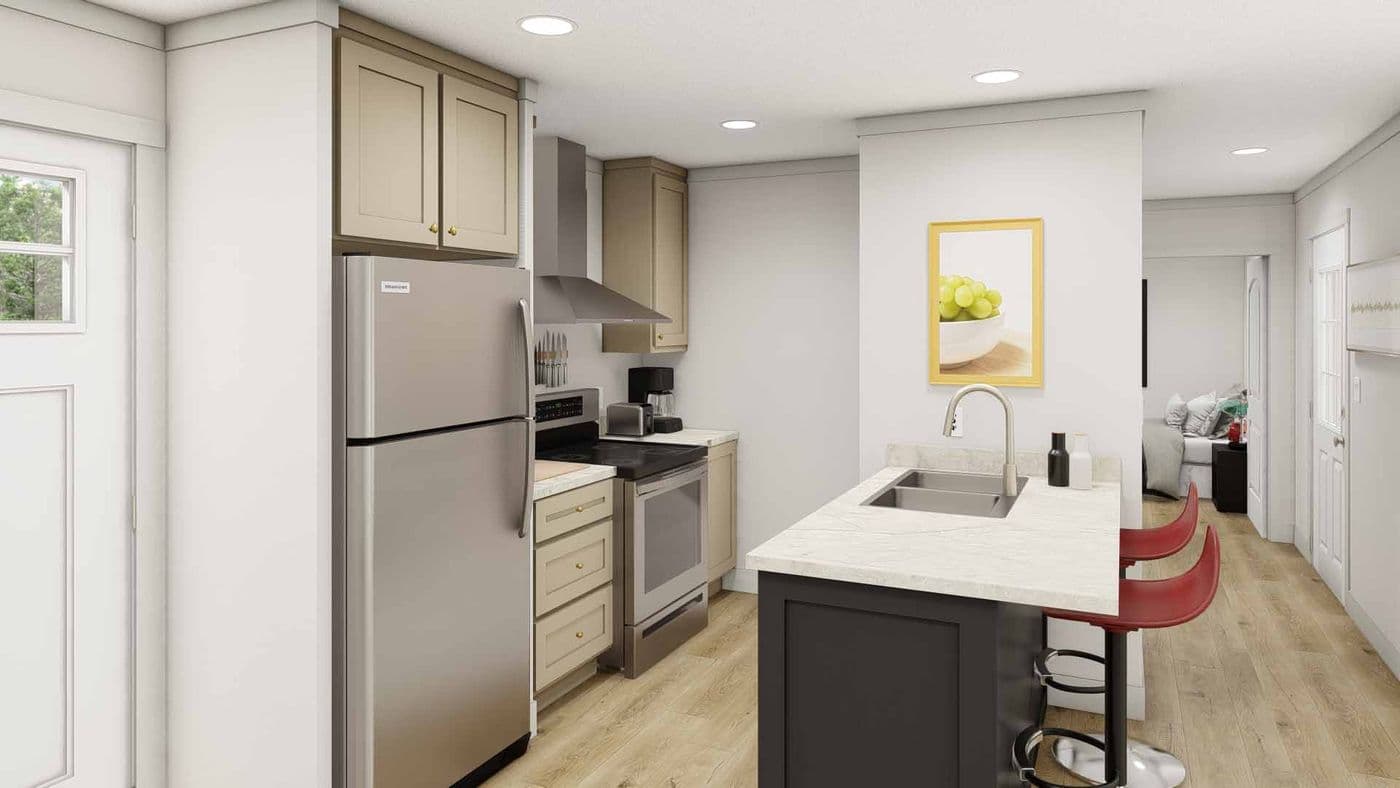 The IMAGINE Exterior. This Manufactured Mobile Home features 1 bedroom and 1 bath.