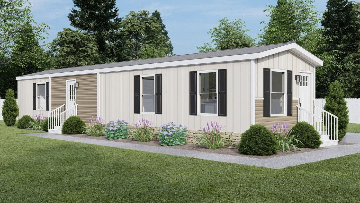 The CORTES Exterior. This Manufactured Mobile Home features 2 bedrooms and 2 baths.
