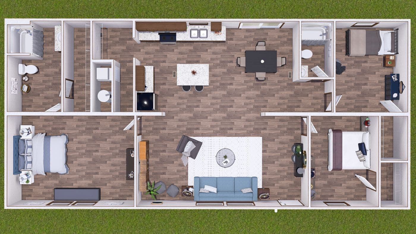 The SPRUCE Exterior. This Manufactured Mobile Home features 3 bedrooms and 2 baths.