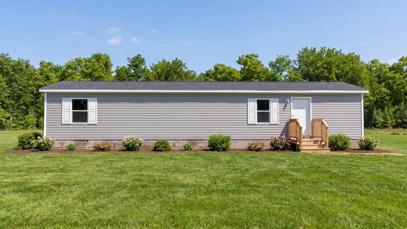The ELM Exterior. This Manufactured Mobile Home features 2 bedrooms and 1 bath.