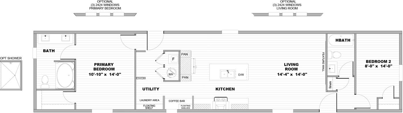 The TIDE Floor Plan. This Manufactured Mobile Home features 2 bedrooms and 2 baths.