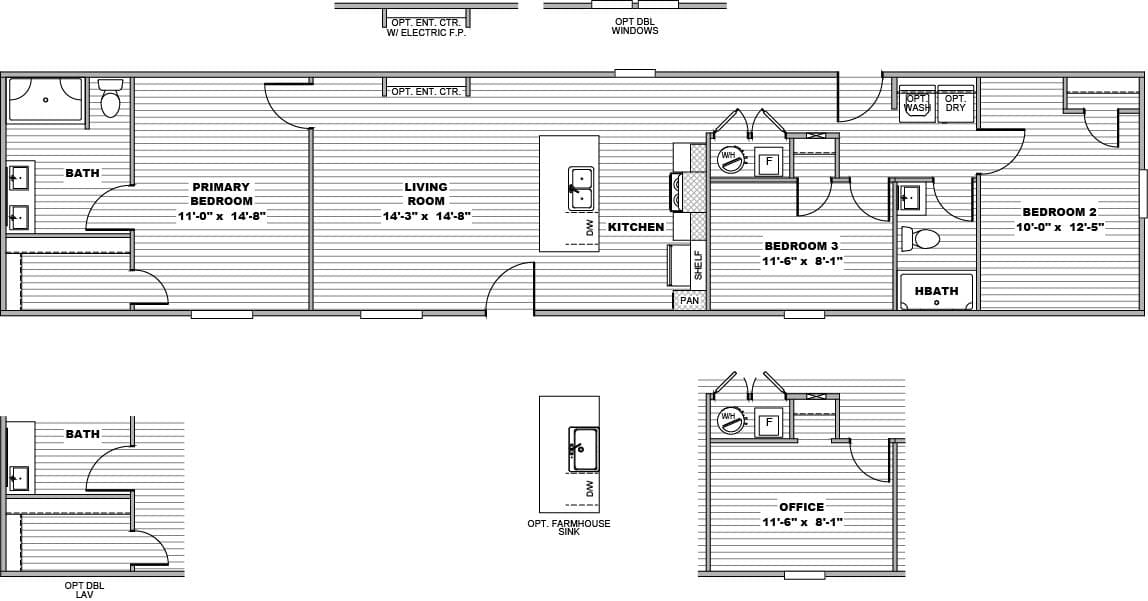 The FOOTHILLS 72 Floor Plan. This Manufactured Mobile Home features 3 bedrooms and 2 baths.