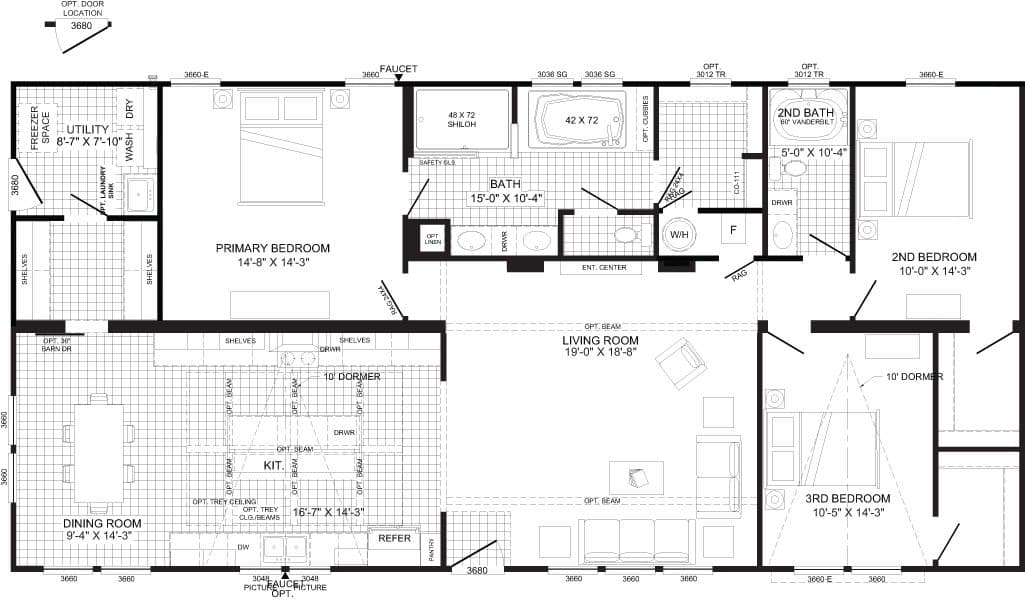 The THE LIZA JANE Floor Plan. This Manufactured Mobile Home features 3 bedrooms and 2 baths.