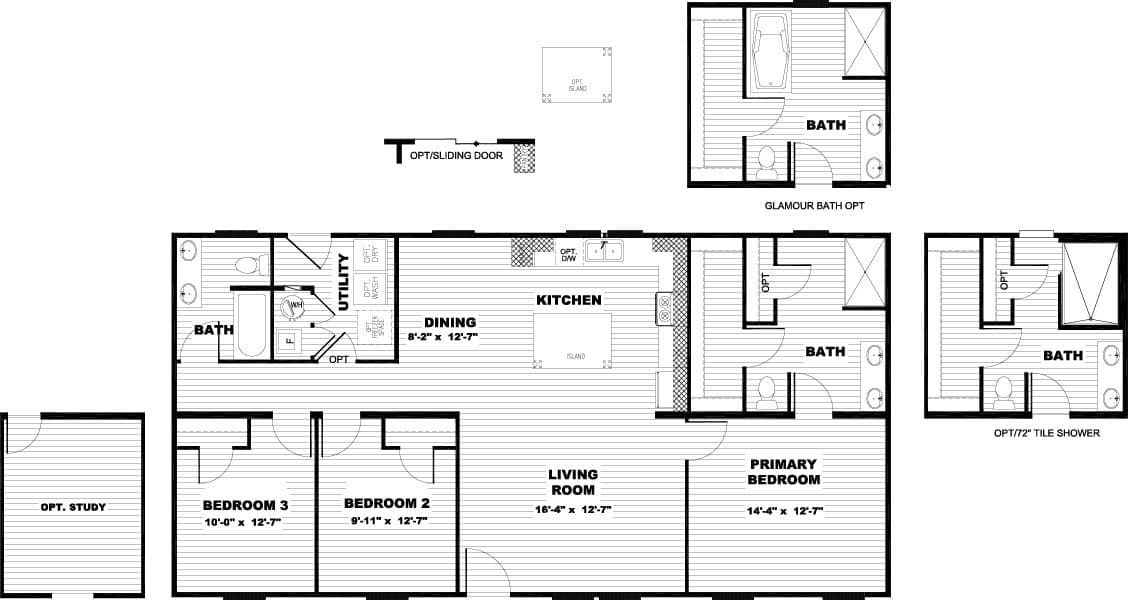 The ULTRA FLEX 52 Floor Plan. This Manufactured Mobile Home features 3 bedrooms and 2 baths.