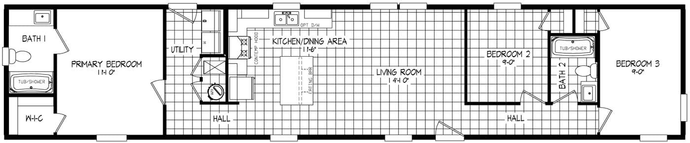 The RAMSEY 207-1 Floor Plan. This Manufactured Mobile Home features 3 bedrooms and 2 baths.
