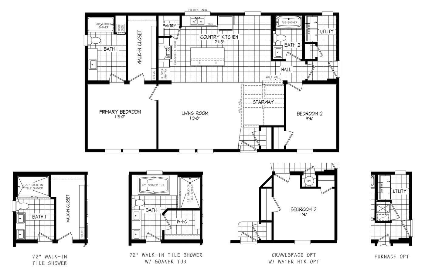 The LEGEND 98-2 MOD Floor Plan. This Modular Home features 2 bedrooms and 2 baths.