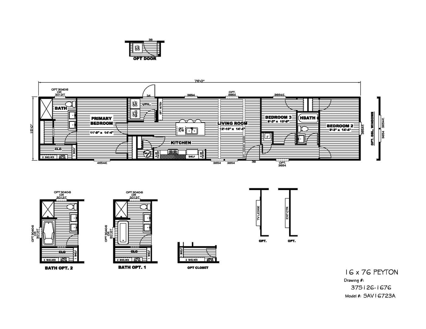 The PEYTON Floor Plan. This Manufactured Mobile Home features 3 bedrooms and 2 baths.