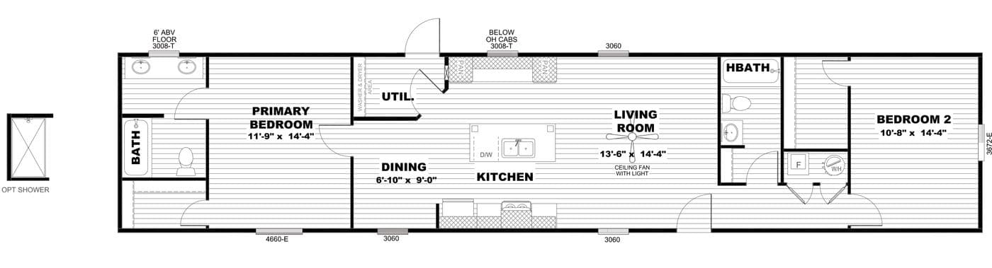 The SELECT 16722S Floor Plan. This Manufactured Mobile Home features 2 bedrooms and 2 baths.