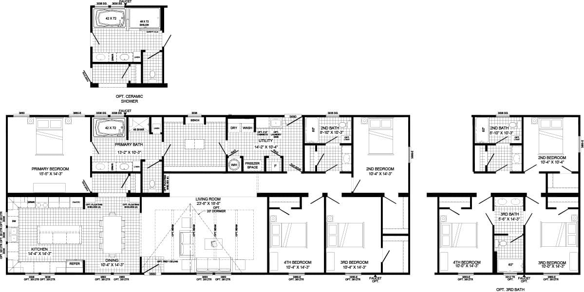 The THE CAROLINA Floor Plan. This Manufactured Mobile Home features 4 bedrooms and 2 baths.
