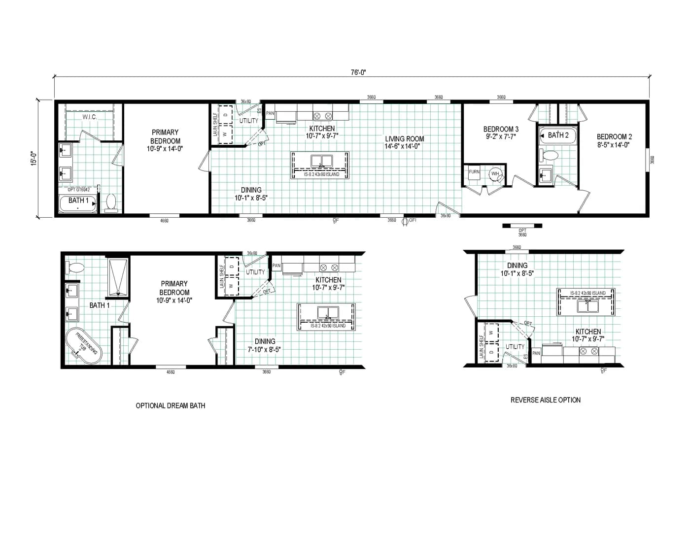 The 7616-4700 THE PULSE Floor Plan. This Manufactured Mobile Home features 3 bedrooms and 2 baths.