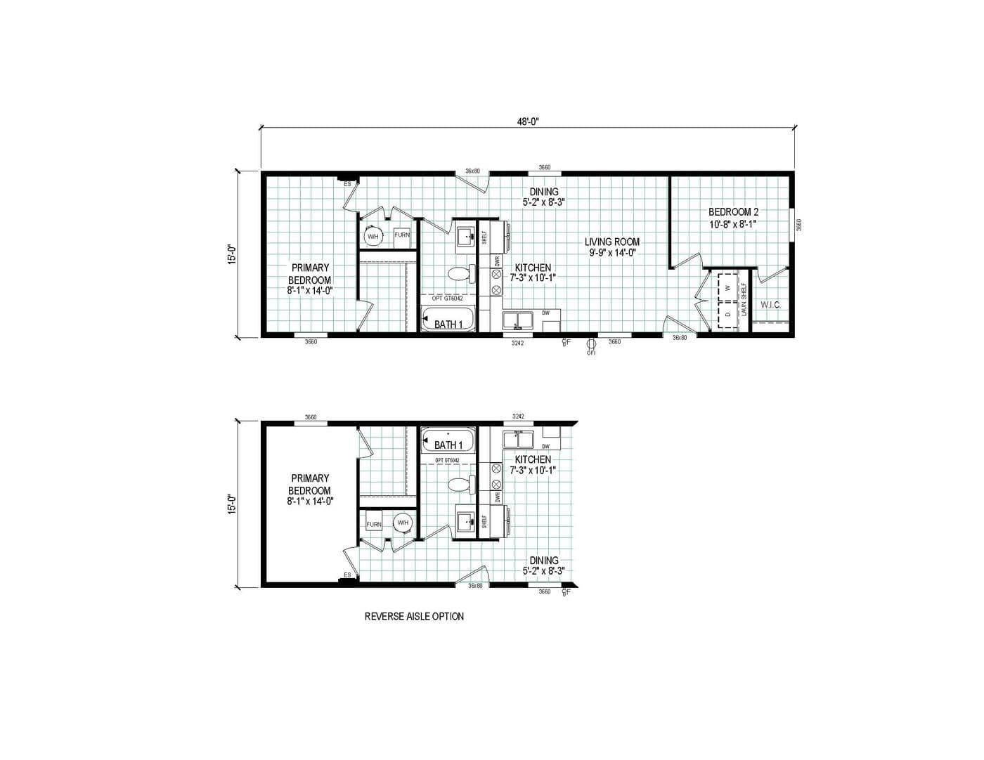 The 4816-CC05 OASIS 48 Floor Plan. This Manufactured Mobile Home features 2 bedrooms and 1 bath.