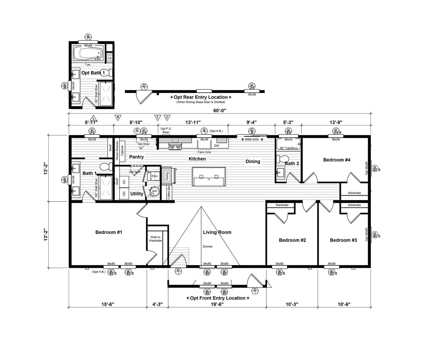 The HRR-2860-4C           ZEPPELIN Floor Plan. This Manufactured Mobile Home features 4 bedrooms and 2 baths.