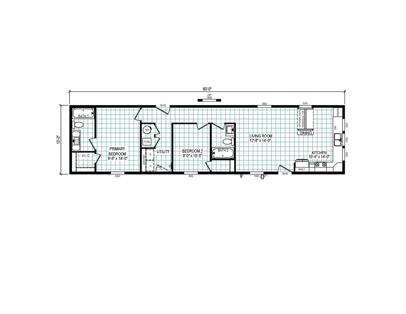 The 6016-CC03 HARBORVIEW 60 Floor Plan. This Manufactured Mobile Home features 2 bedrooms and 2 baths.
