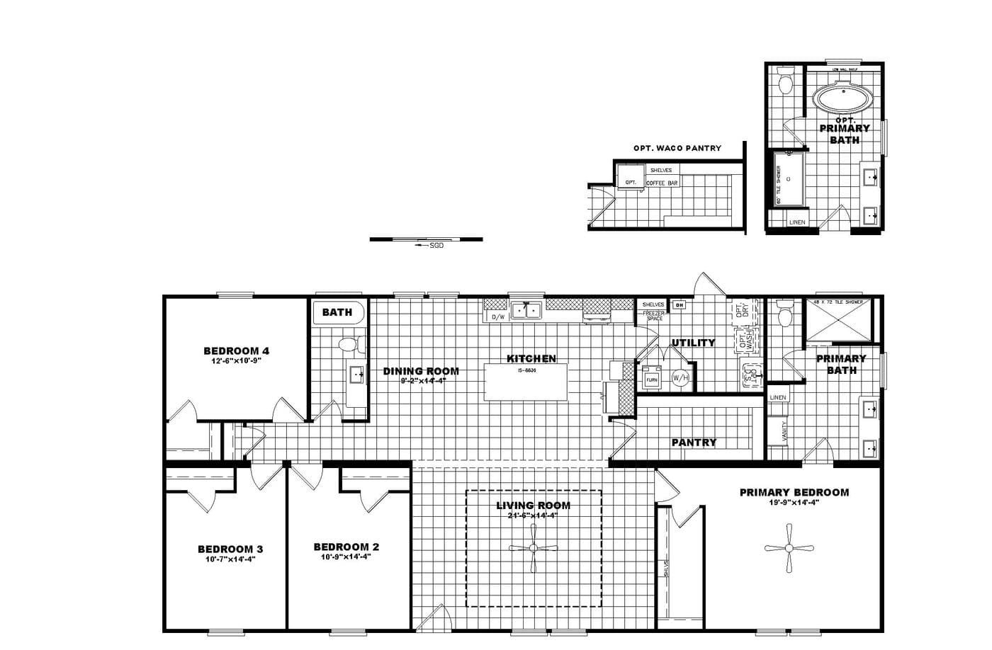 The THE IRON PEAK Floor Plan. This Manufactured Mobile Home features 4 bedrooms and 2 baths.