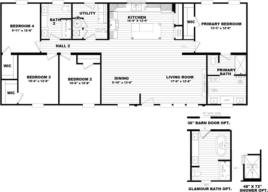 The M785 ISLAND BREEZE 4BR HUD Floor Plan. This Manufactured Mobile Home features 4 bedrooms and 2 baths.