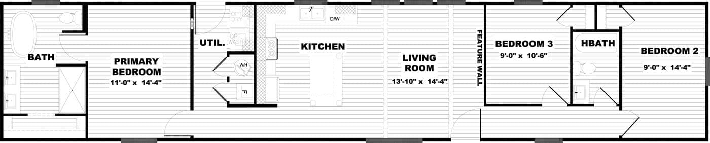 The LEXI Floor Plan. This Manufactured Mobile Home features 3 bedrooms and 2 baths.