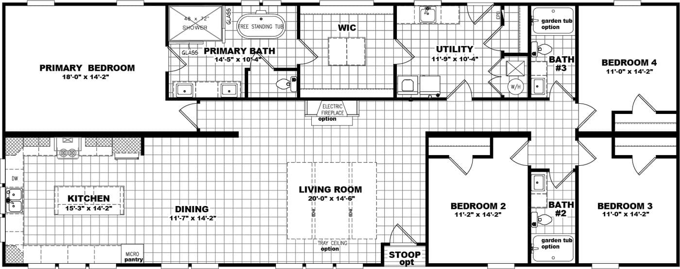 The 3458 THE RAELYN MOD Floor Plan. This Modular Home features 4 bedrooms and 3 baths.