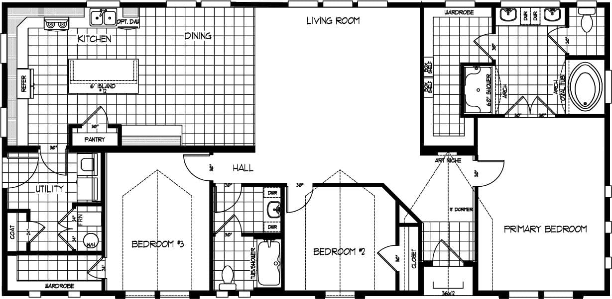 The TRANQUILITY TR3062A Floor Plan. This Manufactured Mobile Home features 3 bedrooms and 2 baths.