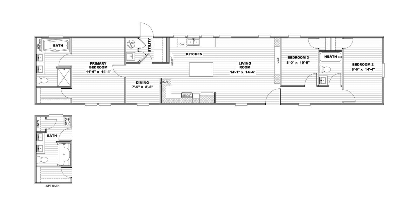 The RESOLUTION 16763W Floor Plan. This Manufactured Mobile Home features 3 bedrooms and 2 baths.
