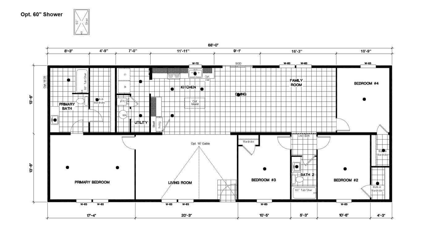 The SLE 681F Floor Plan. This Manufactured Mobile Home features 4 bedrooms and 2 baths.
